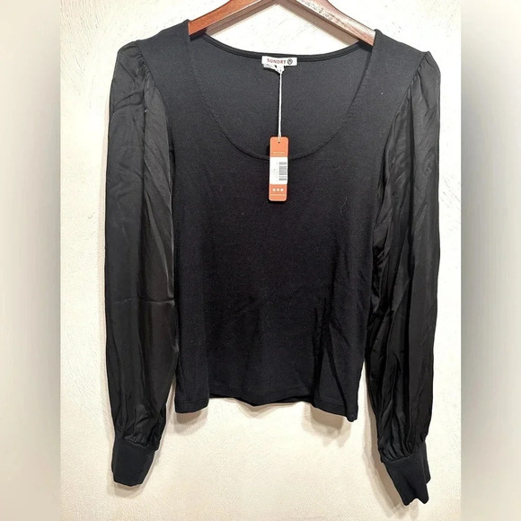 SUNDRY black long sleeve mixed media scoop neck top. - Picture 2 of 7